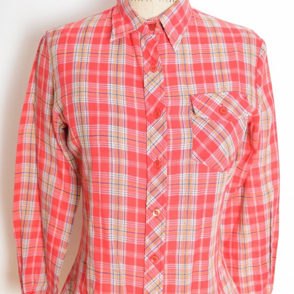 vintage 70s top red plaid print western button up shirt blouse soft thin S - Picture 2 of 6